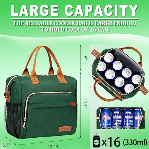 TuErCao Insulated Lunch Bag Adult Lunch Box for Women for Work Leakproof Soft Cooler for Beach Travel Picnic, Dark Green - Image 3