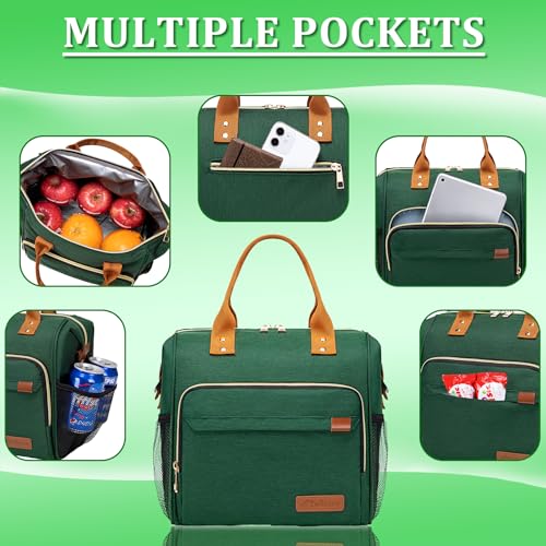 TuErCao Insulated Lunch Bag Adult Lunch Box for Women for Work Leakproof Soft Cooler for Beach Travel Picnic, Dark Green - Image 2
