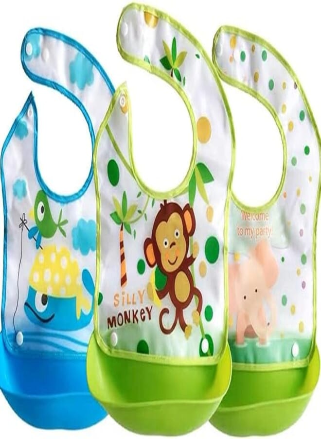 Aiwanto 3PCS 2 IN 1 Detachable Silicone Baby Bib or Babies Boy Girl Toddler Waterproof Rubber Bibs for Eating Weaning for Infants, One Size
