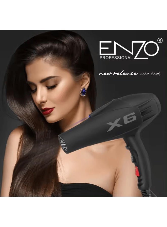 ENZO Professional ENZO EN-X6 Salon High-Power Hair Blow Dryer – 2500W Professional Hair Dryer with Ionic Technology, 3 Heat Settings, 2 Speed Settings, and Concentrator Nozzle-Intl Version - Image 2