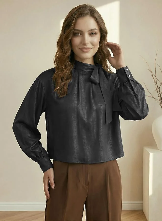 Globus Black Tie-Neck Long Sleeve Blouse