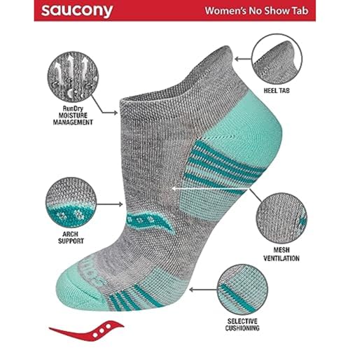 saucony جوارب رياضية للنساء من ساكوني بتقنية ران دراي، 8، 16 زوج، كعب مرتفع، رمادي متنوع (8 أزواج)، متوسط - Image 2