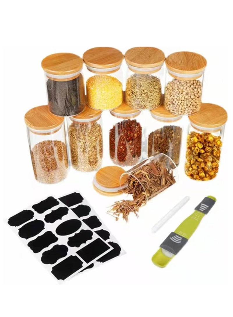 Hanayo 10Pcs Glass Spice Jars, 8oz(220ml)/12oz(340ml) Empty Round Spice Container, Glass Food Storage Containers Jars with Bamboo Lids, 20 Labels Stickers,Paint Pen,Measuring Spoon, for Kitchen - Image 1