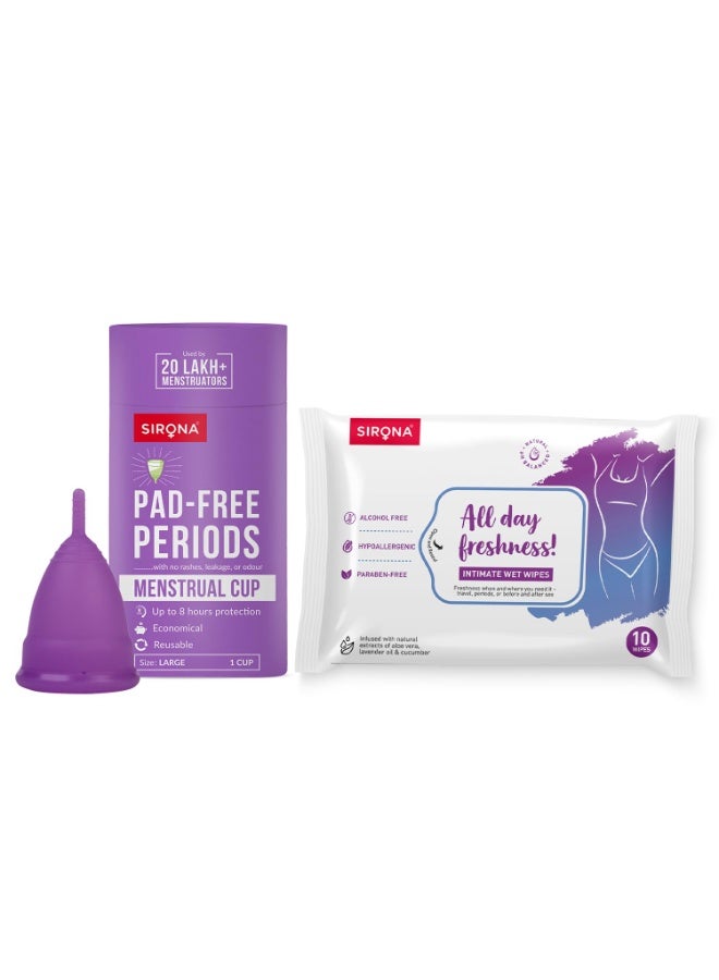 Sirona Reusable Menstrual Cup for Women - Large with pH Balanced Intimate Hygiene Wipes - 10 Wipes - Image 1