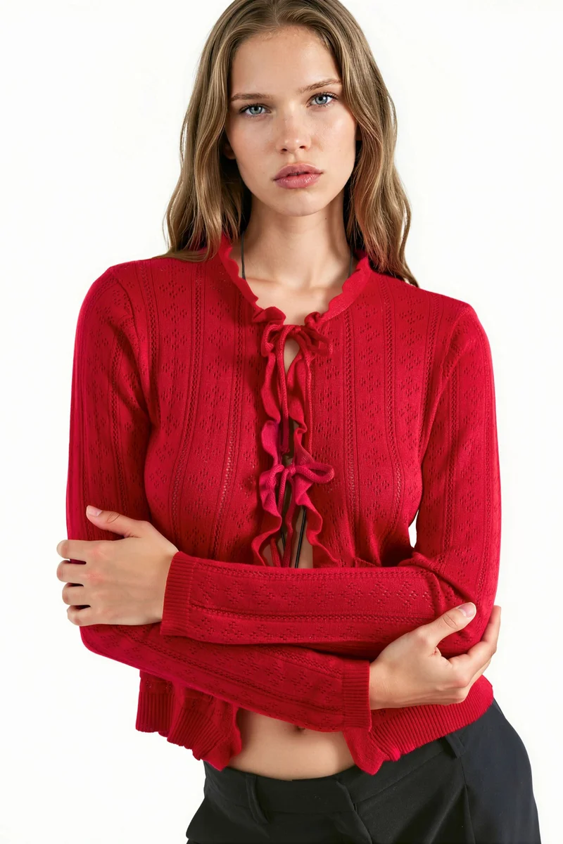 هيكاب Ruffled Openwork Knit Cardigan with Special Yarn