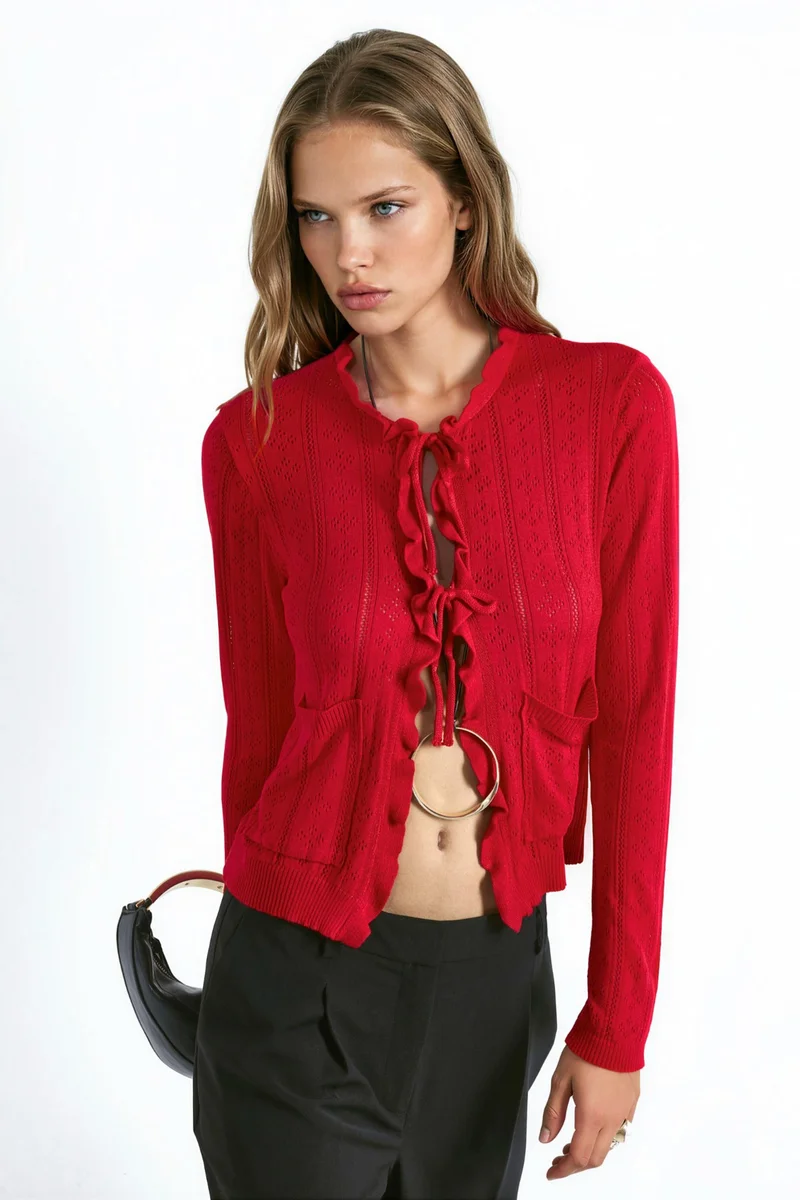 هيكاب Ruffled Openwork Knit Cardigan with Special Yarn