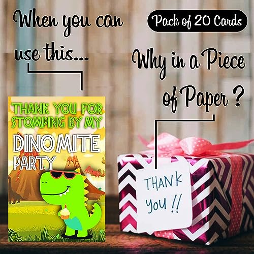 Balloonistics Dinosaur Theme Thank You Cards for Kids Birthday – Pack of 20 Small Return Gift Tags – Premium Cardstock Prehistoric Celebration Note Cards for Dino Discovery & Jurassic Party Favors - Image 2