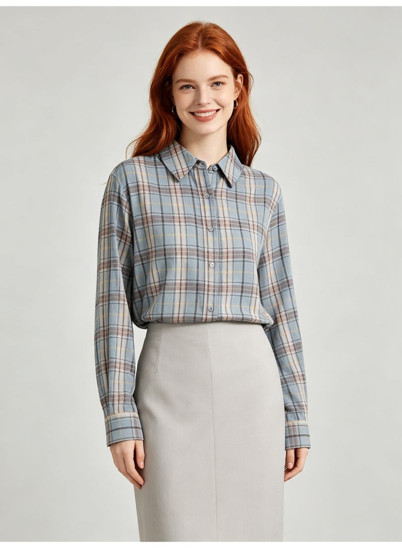 زارا ZARA Women’s Light Blue Plaid Loose Long Sleeve Button Down Shirt - Image 3