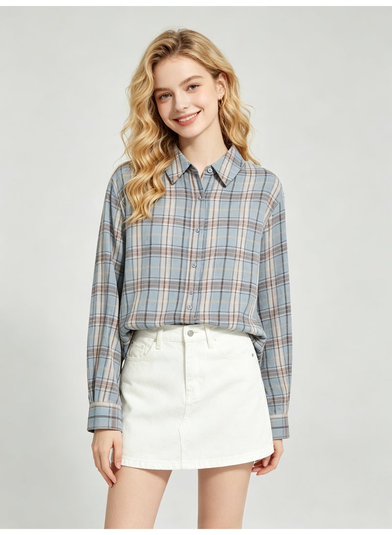 زارا ZARA Women’s Light Blue Plaid Loose Long Sleeve Button Down Shirt - Image 5