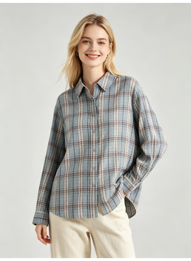 زارا ZARA Women’s Light Blue Plaid Loose Long Sleeve Button Down Shirt - Image 4