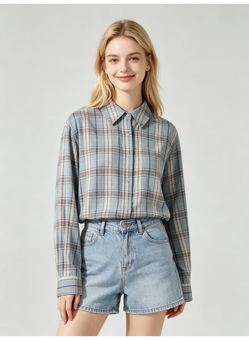 زارا ZARA Women’s Light Blue Plaid Loose Long Sleeve Button Down Shirt - Image 1