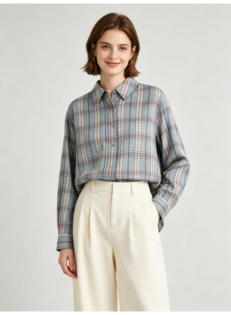 زارا ZARA Women’s Light Blue Plaid Loose Long Sleeve Button Down Shirt - Image 2