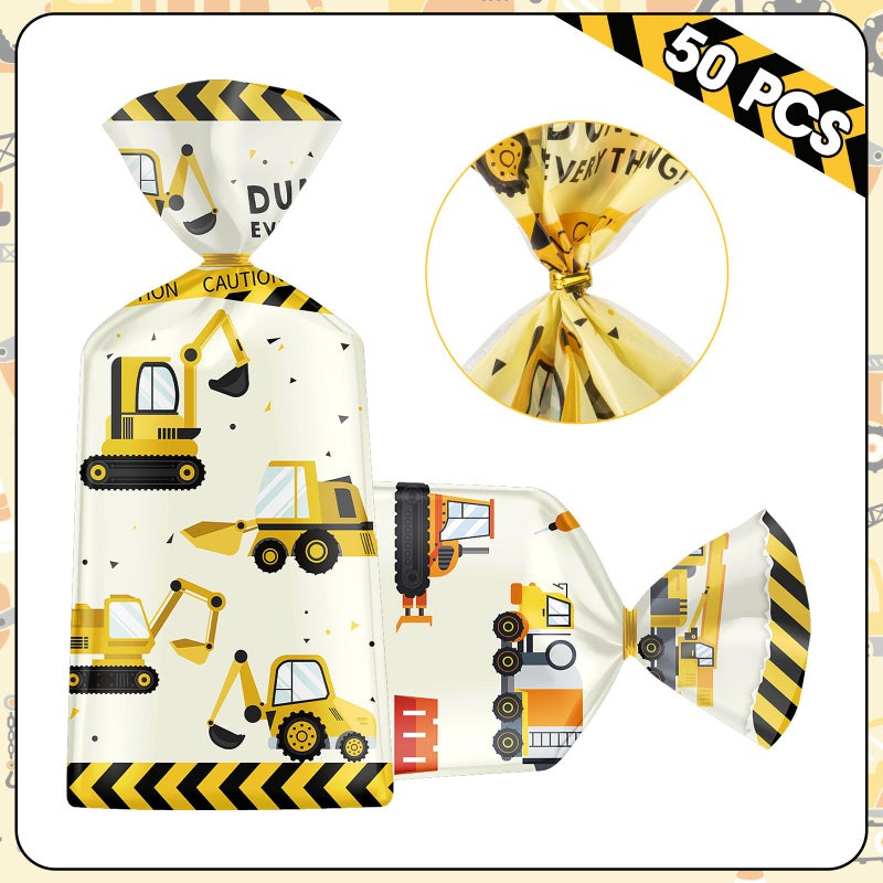 Litmitfu 50 Pack Construction Party Favor Bags - Construction Theme Treat Bags  Truck Themed Cello Cellophane Gift Candy Goodie Bag With Gold Twist Ties For Kids Construction Birthday Party Supplies Favors - Image 3