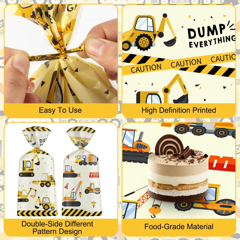 Litmitfu 50 Pack Construction Party Favor Bags - Construction Theme Treat Bags  Truck Themed Cello Cellophane Gift Candy Goodie Bag With Gold Twist Ties For Kids Construction Birthday Party Supplies Favors - Image 5