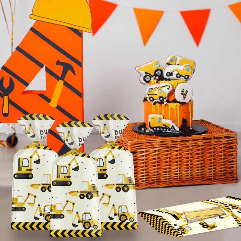 Litmitfu 50 Pack Construction Party Favor Bags - Construction Theme Treat Bags  Truck Themed Cello Cellophane Gift Candy Goodie Bag With Gold Twist Ties For Kids Construction Birthday Party Supplies Favors - Image 2