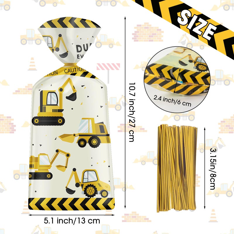 Litmitfu 50 Pack Construction Party Favor Bags - Construction Theme Treat Bags  Truck Themed Cello Cellophane Gift Candy Goodie Bag With Gold Twist Ties For Kids Construction Birthday Party Supplies Favors - Image 4