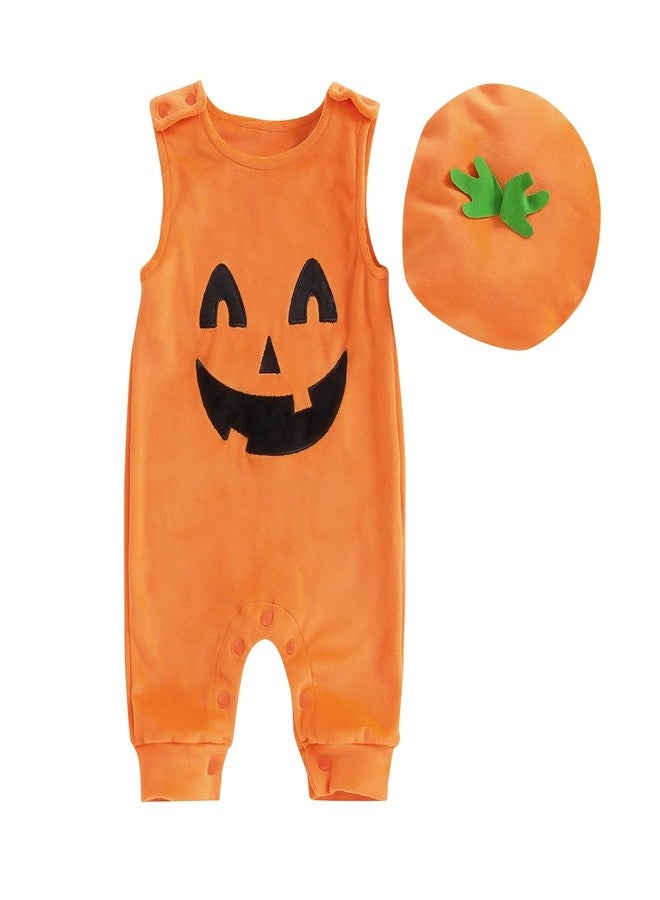 Lamuusaa Newborn Baby Girl Boy Halloween Outfit Sleeveless Pumpkin Romper Jumpsuit Hat Halloween Baby Clothes 0-18M - Image 1