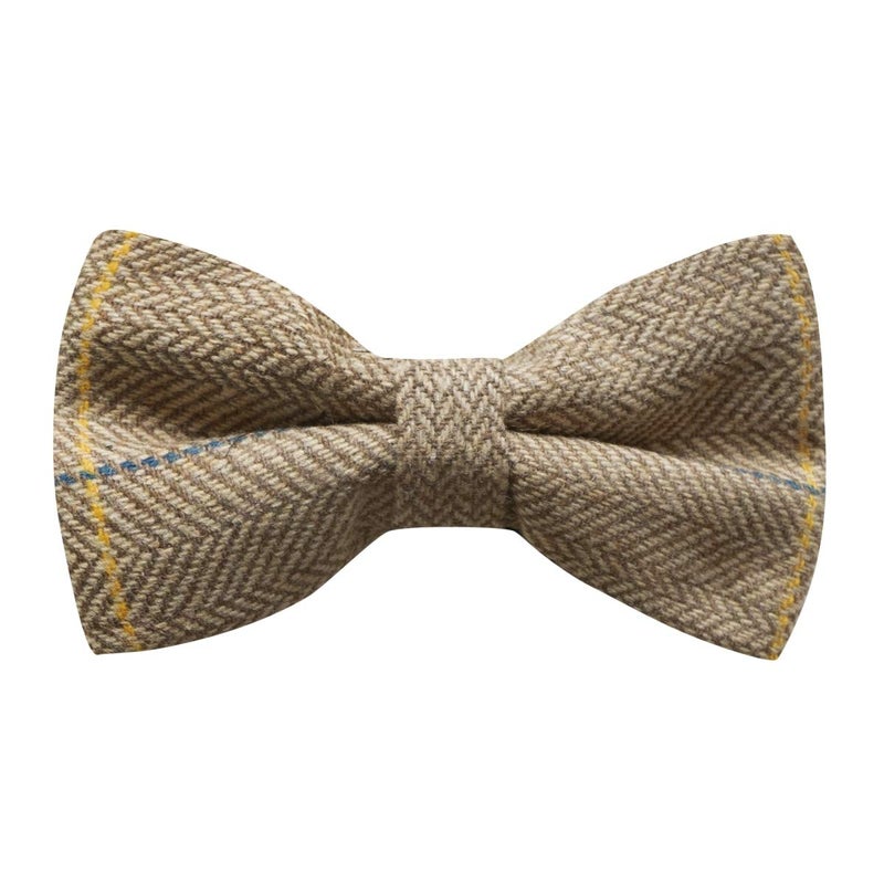 King & Priory Luxury Light Oak Herringbone Check Bow Tie, Tweed - Image 4