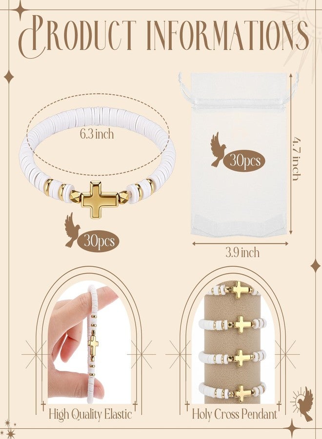 Ferreve 30 Sets Cross Bracelets Bulk Baptism Party Favors First Communion Gifts Christian Jesus Bracelets Religious Beaded Elastic Gifts for Graduation Baptism Church Wedding Party (White) - Image 2