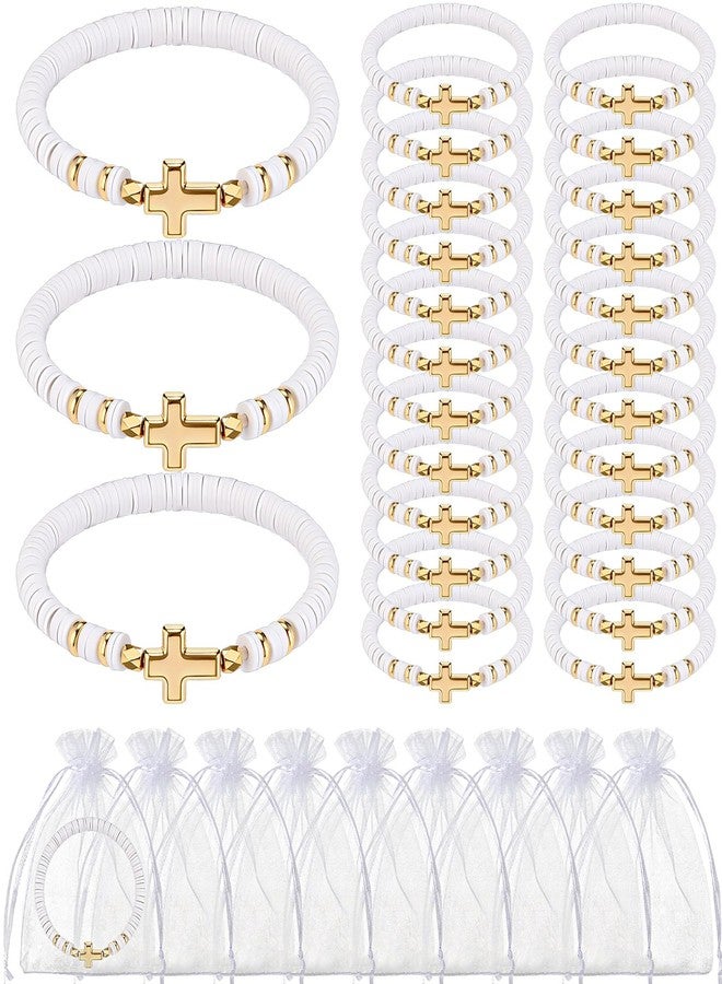 Ferreve 30 Sets Cross Bracelets Bulk Baptism Party Favors First Communion Gifts Christian Jesus Bracelets Religious Beaded Elastic Gifts for Graduation Baptism Church Wedding Party (White) - Image 1
