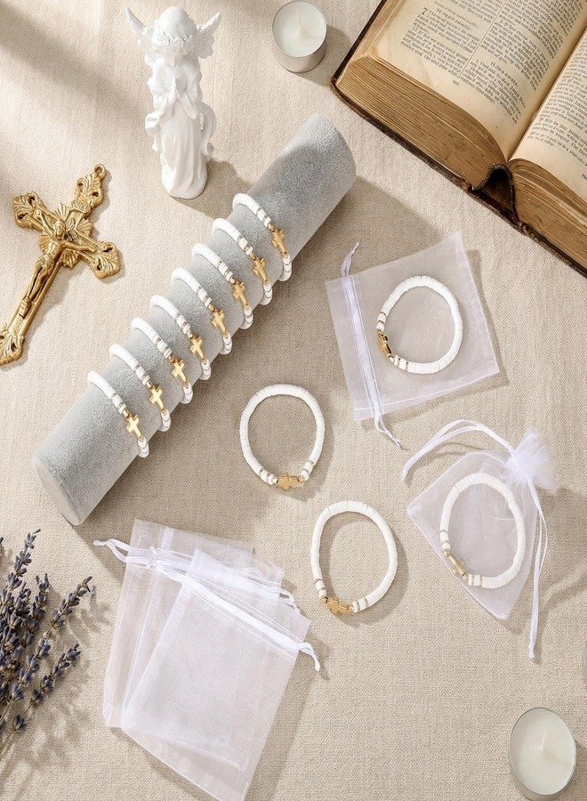 Ferreve 30 Sets Cross Bracelets Bulk Baptism Party Favors First Communion Gifts Christian Jesus Bracelets Religious Beaded Elastic Gifts for Graduation Baptism Church Wedding Party (White) - Image 3