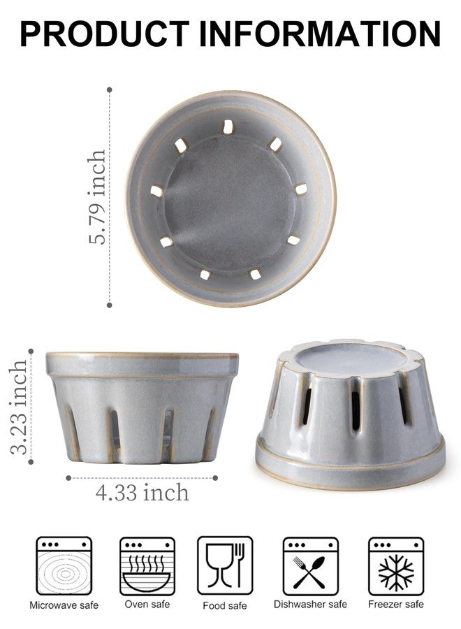 Gomakren Fruit Bowl with Holes, Ceramic Berry Basket Set of 2, 5.8 Inch Round Fruit Storage Containers for Kitchen, Farmhouse Strawberry Basket for Berries, Grape, Cherry, Gray - Image 2