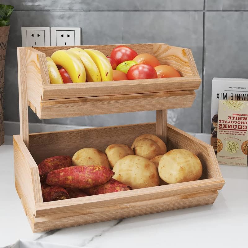 AB SALES 2 Tier Fruit Basket for Kitchen Counter Rustic Fruit Vegetable Holder Bread and Snack Storage Organizer Durable Metal Countertop Display Rack for Potatoes Onions More - Image 1