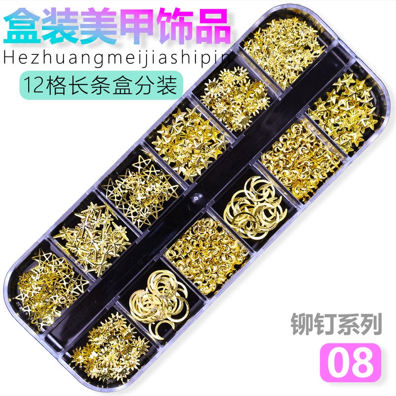 Full Set Of 12-Compartment Metal Rivet Rhinestone Star Moon Diamond Shell Nail Ornaments Nail Ornaments - Image 3