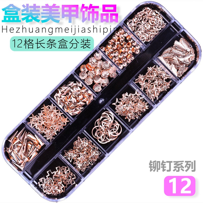 Full Set Of 12-Compartment Metal Rivet Rhinestone Star Moon Diamond Shell Nail Ornaments Nail Ornaments - Image 5