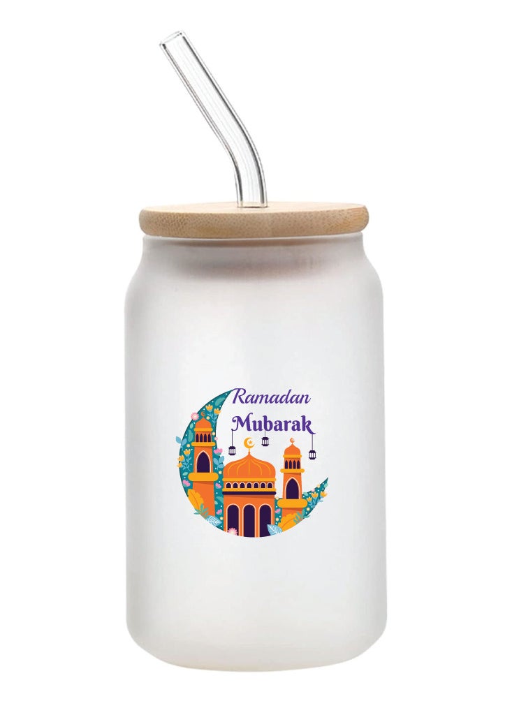 PRINTSHOP4ME Ramadan Kareem and Eid Mubarak Gift - Glass Bottle with Straw & Bamboo Lid 455 ml - Ramadan gift for all Islamic  - Image 1