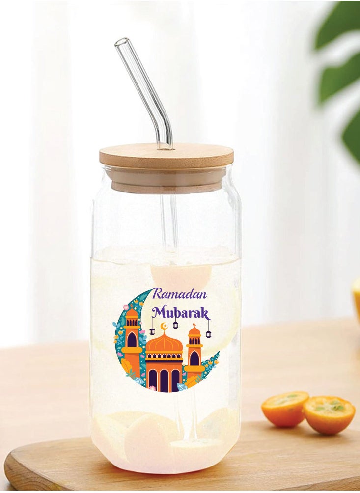 PRINTSHOP4ME Ramadan Kareem and Eid Mubarak Gift - Glass Bottle with Straw & Bamboo Lid 455 ml - Ramadan gift for all Islamic  - Image 3
