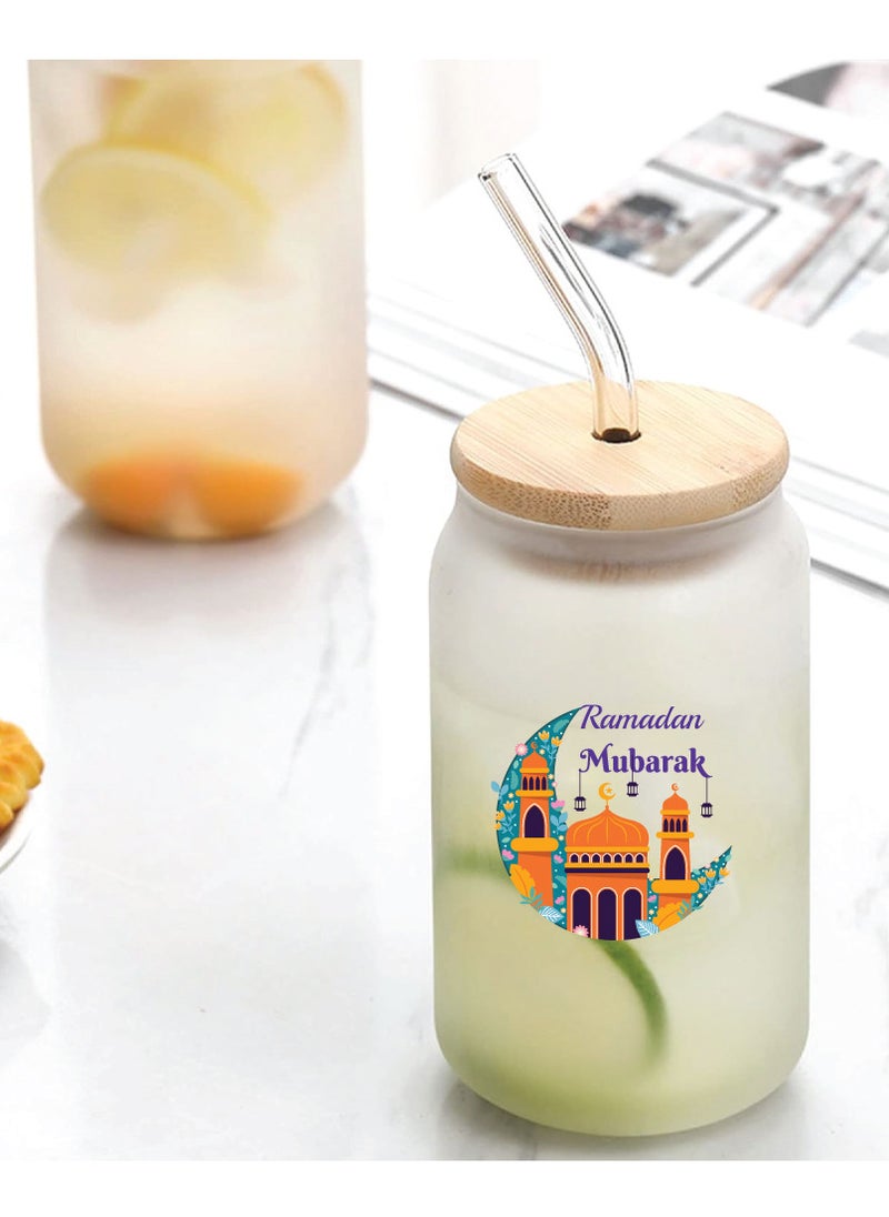 PRINTSHOP4ME Ramadan Kareem and Eid Mubarak Gift - Glass Bottle with Straw & Bamboo Lid 455 ml - Ramadan gift for all Islamic  - Image 2
