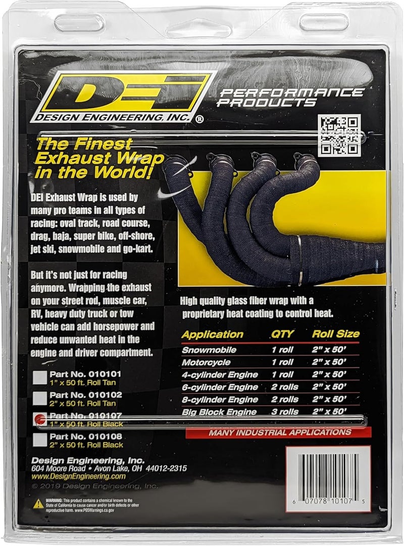 Design Engineering Black 1" x 50' Glass Fiber Exhaust Heat Wrap - Heat Wrap for Exhaust Pipes, Pliable Exhaust Wrap Tape, Withstands 1800°F Direct Heat & 2500°F Intermittent Heat - Image 3