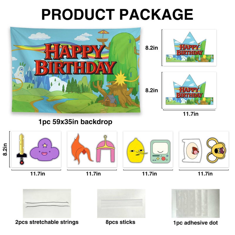 Allenjoy Cartoon Fantasy Abstract Continent Birthday Party Supplies Sets - 1pc 59" x 35" Backdrop, 2pcs Paper Headwear, 8pcs Photo Booth Props - Image 2