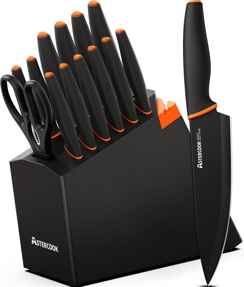 Astercook Knife Set, 15 Pcs Dishwasher Safe Kitchen Knife Set with Built-in Sharpener, High Carbon German Stainless Steel Black Knife Block Set - Image 1