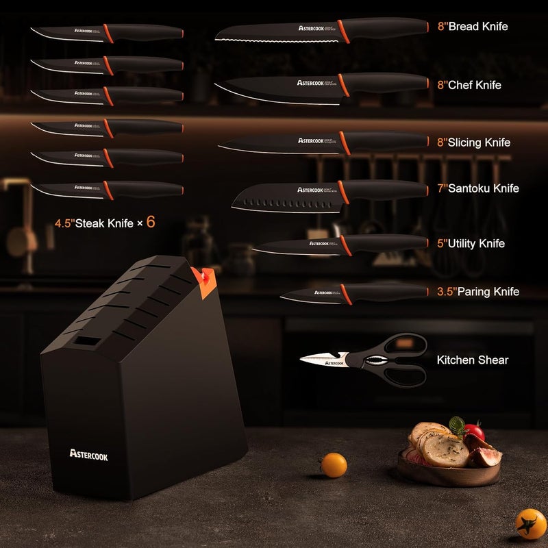 Astercook Knife Set, 15 Pcs Dishwasher Safe Kitchen Knife Set with Built-in Sharpener, High Carbon German Stainless Steel Black Knife Block Set - Image 2