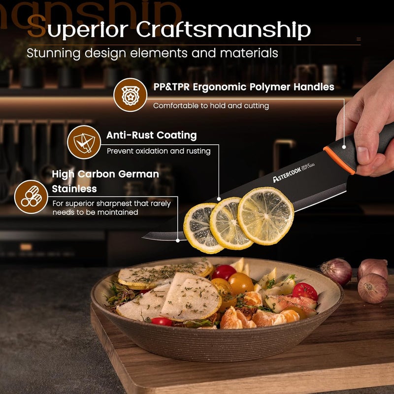Astercook Knife Set, 15 Pcs Dishwasher Safe Kitchen Knife Set with Built-in Sharpener, High Carbon German Stainless Steel Black Knife Block Set - Image 5