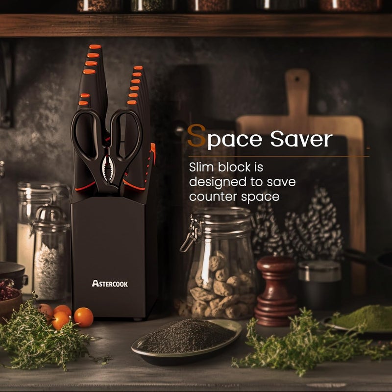 Astercook Knife Set, 15 Pcs Dishwasher Safe Kitchen Knife Set with Built-in Sharpener, High Carbon German Stainless Steel Black Knife Block Set - Image 3