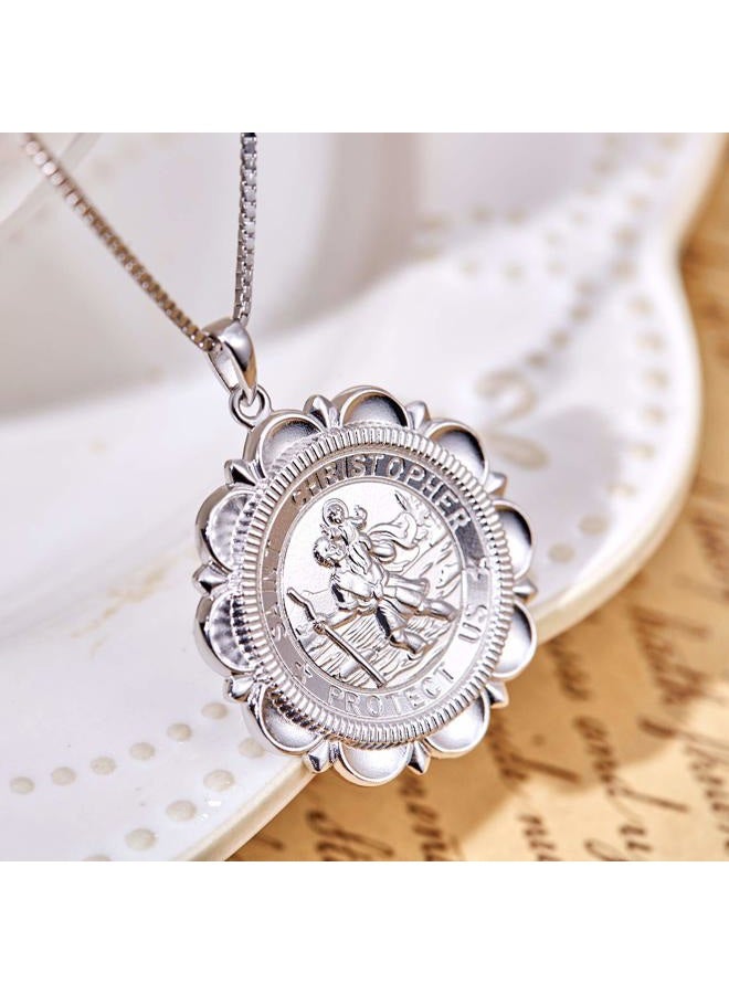 YL St Christopher Necklace Solid 925 Sterling Sliver Personalized Engraved Round Medallion Antiqued Religious Protector Talisman Pendant, Laced/Locket/Medal White - Image 2