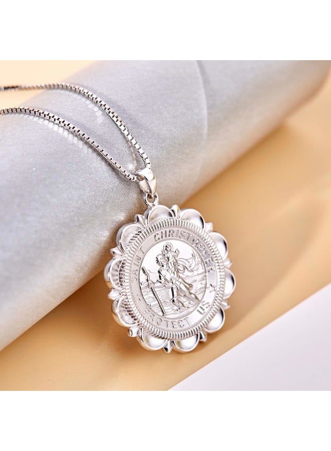 YL St Christopher Necklace Solid 925 Sterling Sliver Personalized Engraved Round Medallion Antiqued Religious Protector Talisman Pendant, Laced/Locket/Medal White - Image 4