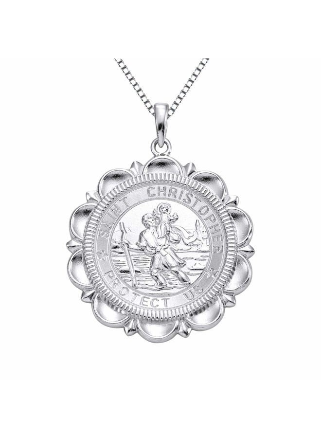 YL St Christopher Necklace Solid 925 Sterling Sliver Personalized Engraved Round Medallion Antiqued Religious Protector Talisman Pendant, Laced/Locket/Medal White - Image 1