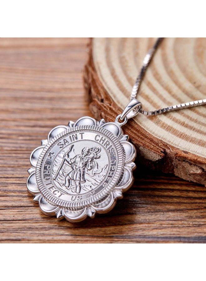 YL St Christopher Necklace Solid 925 Sterling Sliver Personalized Engraved Round Medallion Antiqued Religious Protector Talisman Pendant, Laced/Locket/Medal White - Image 3