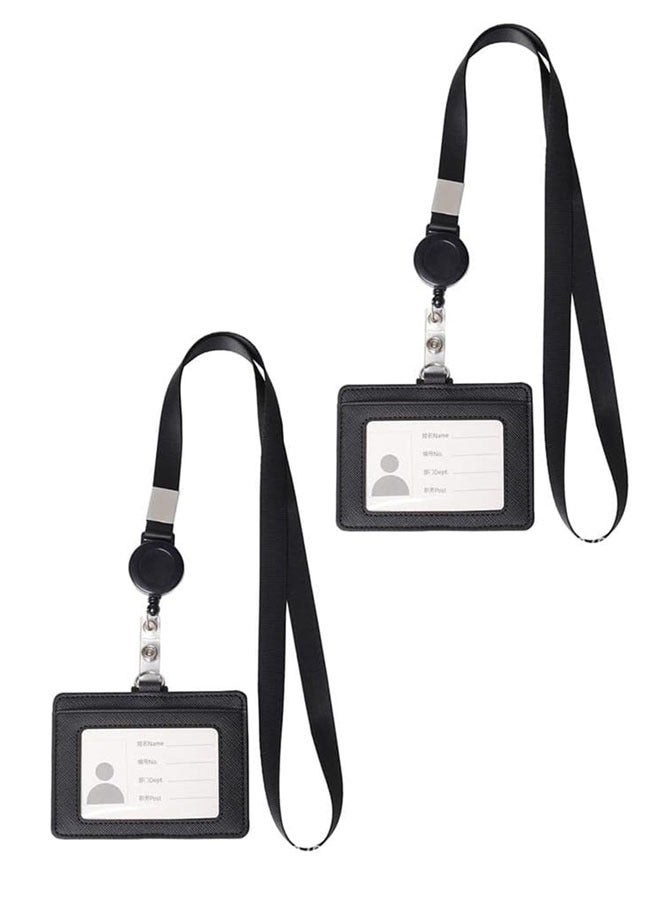 وانفان حامل شارة هوية أفقي مصنوع من الجلد عدد 2 مع حبل قابل للسحب وحامل شارة الهوية بلون أسود - Image 1