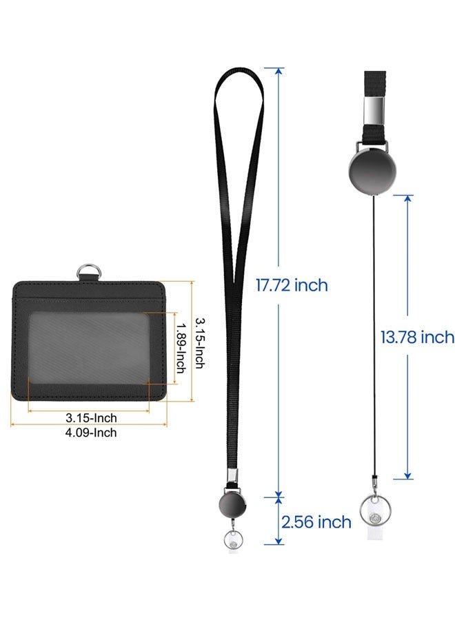 وانفان حامل شارة هوية أفقي مصنوع من الجلد عدد 2 مع حبل قابل للسحب وحامل شارة الهوية بلون أسود - Image 2