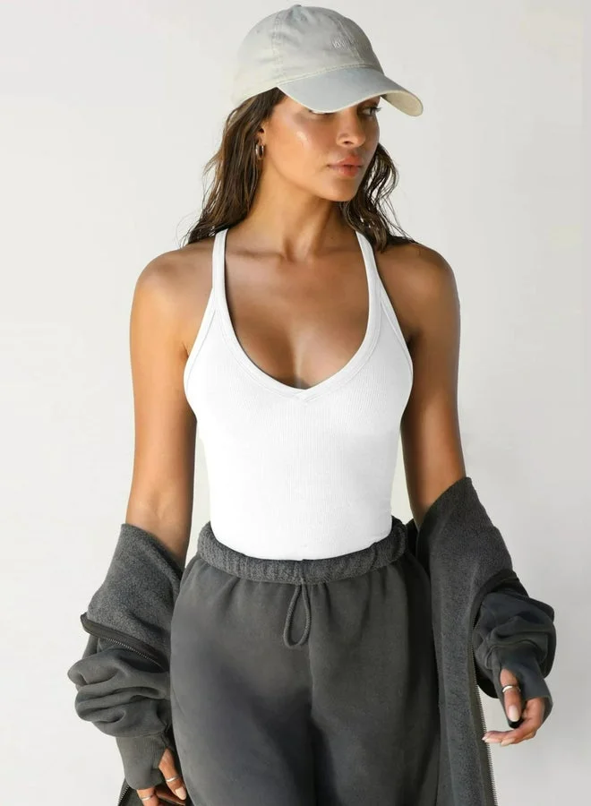 Take Two White Solid Racerback Tank Top