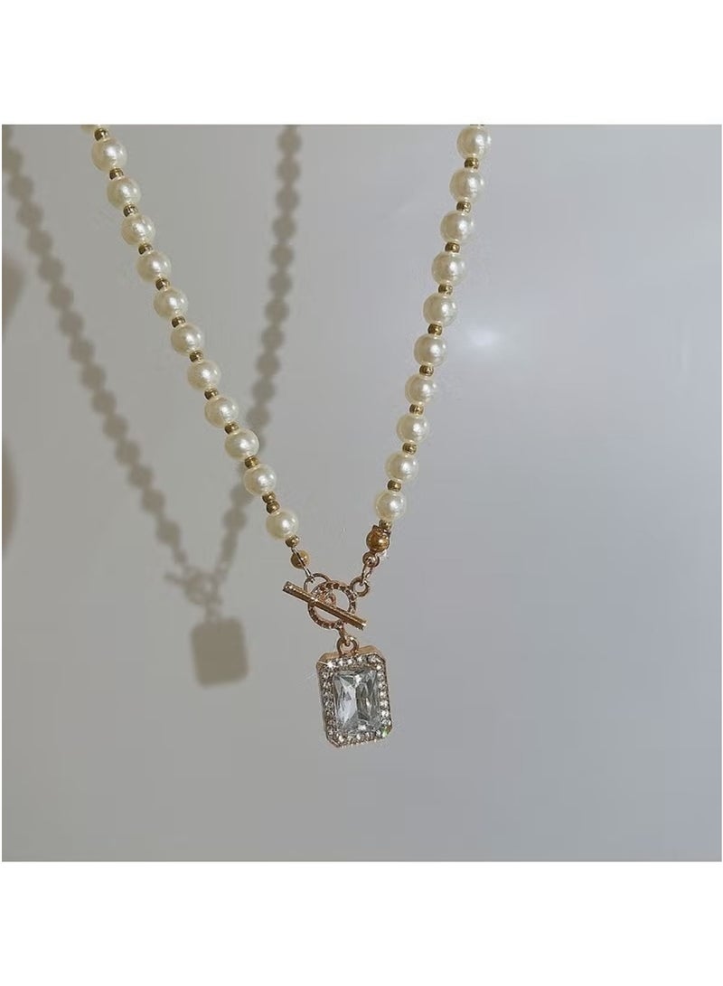Huitich Imitation Pearl Necklace with Gold Crystal Pendant – Lightweight & Elegant  - Image 4