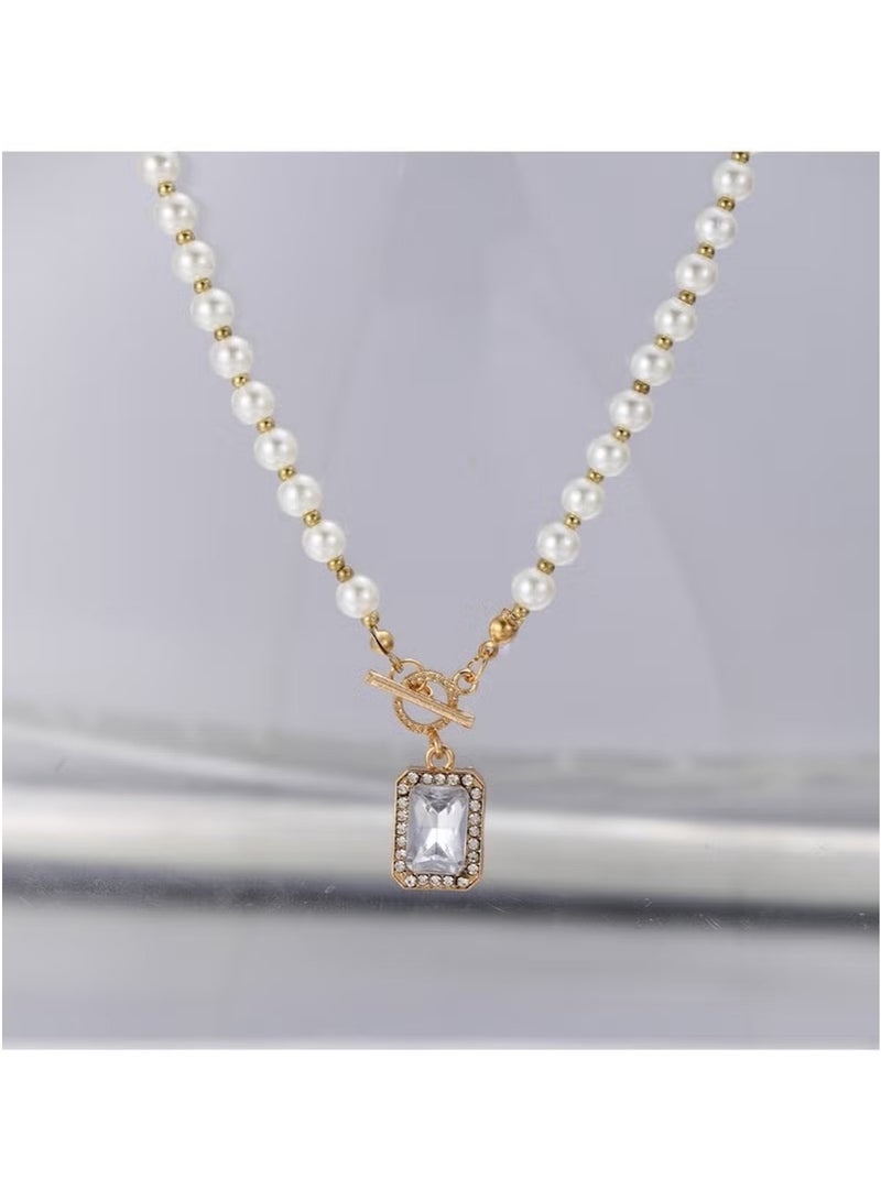 Huitich Imitation Pearl Necklace with Gold Crystal Pendant – Lightweight & Elegant  - Image 2