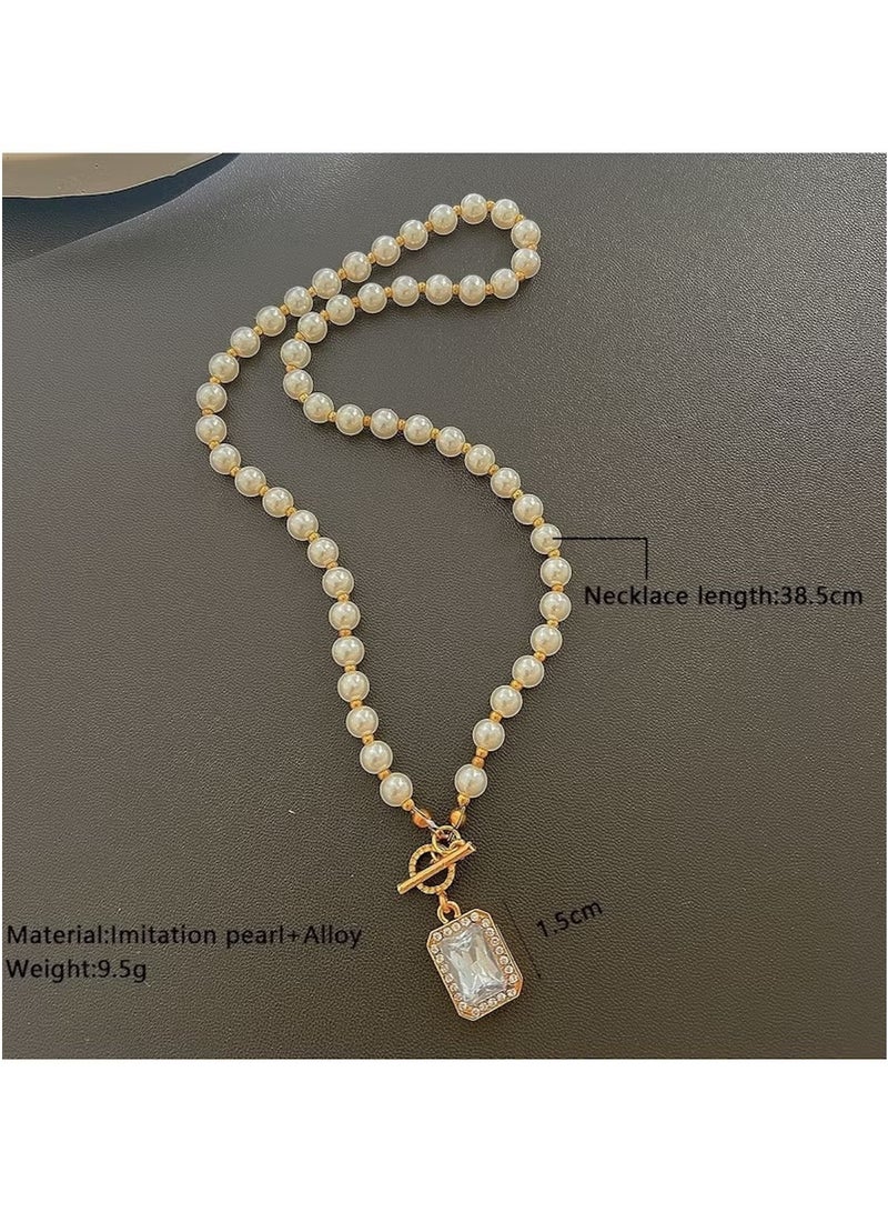 Huitich Imitation Pearl Necklace with Gold Crystal Pendant – Lightweight & Elegant  - Image 3