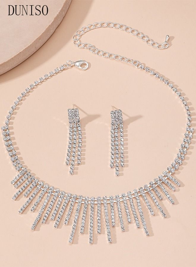 DUNISO 2Piece Jewelry Set With Necklace and Earrings Full Diamond V Neck Necklace Pendant Crystal Earrings Wedding Bridal Bridesmaid Costume Jewelry Set for Women and Girls Dress Accessories - Image 2
