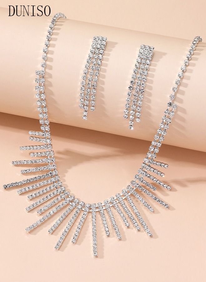 DUNISO 2Piece Jewelry Set With Necklace and Earrings Full Diamond V Neck Necklace Pendant Crystal Earrings Wedding Bridal Bridesmaid Costume Jewelry Set for Women and Girls Dress Accessories - Image 3